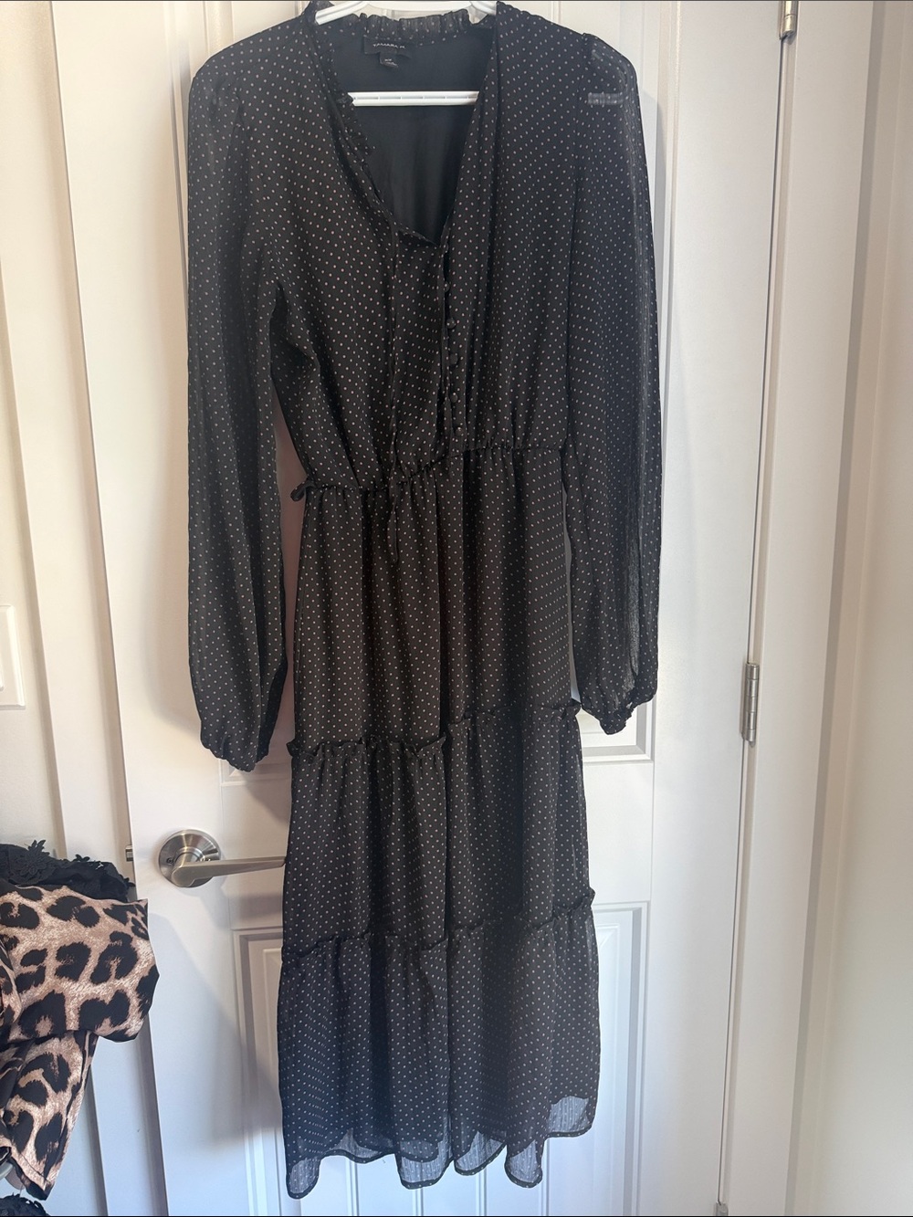 Black Polka Dot Tiered Maxi Dress with Long Sleeves